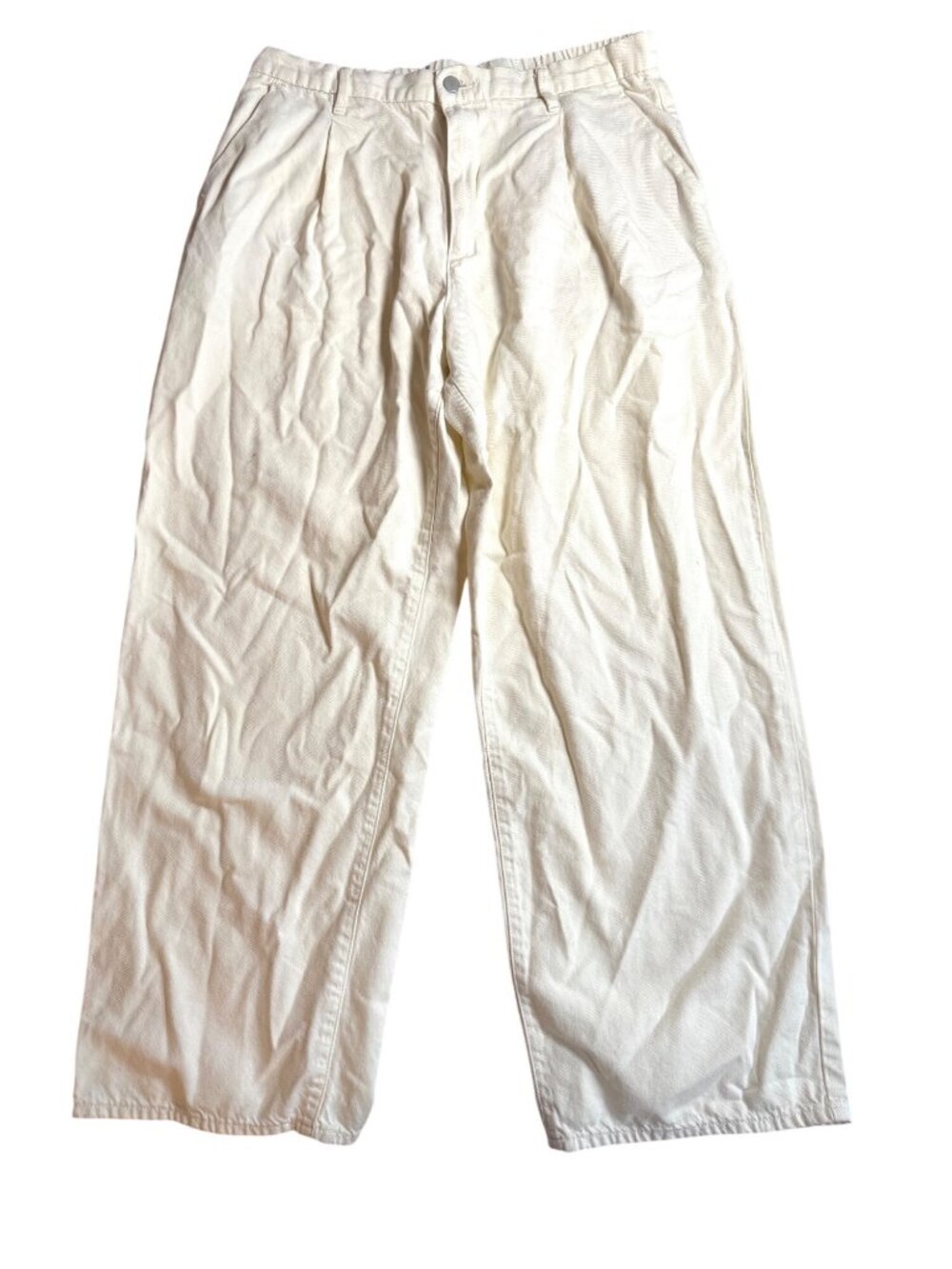 Uniqlo Womens Pleated Cream Wide-Leg Pants XL Cotton Tencel Casual Basic